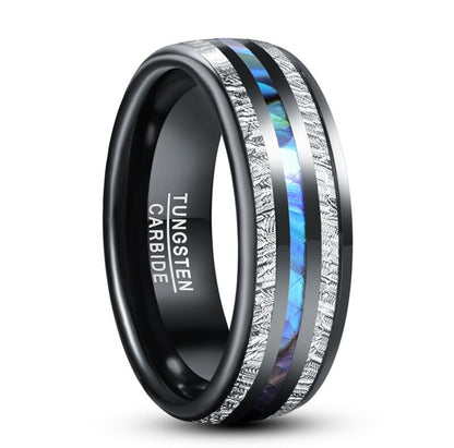 Black Tungsten ring with Gibeon meteorite and abalone shell inlays, featuring a sleek, domed design.