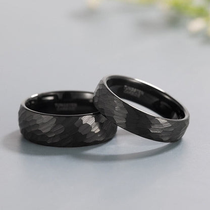 Black tungsten ring with hammered finish, available in 6mm and 8mm.