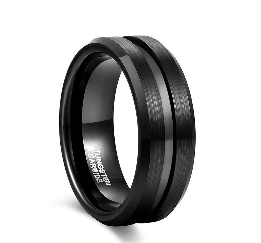 Black Tungsten rings with brushed exterior and polished stripe.