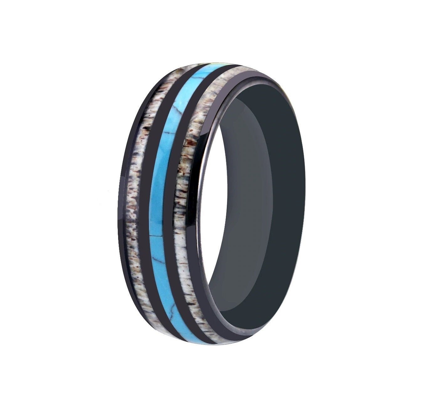 Black Tungsten Turquoise antler ring with a domed band and comfort fit interior.