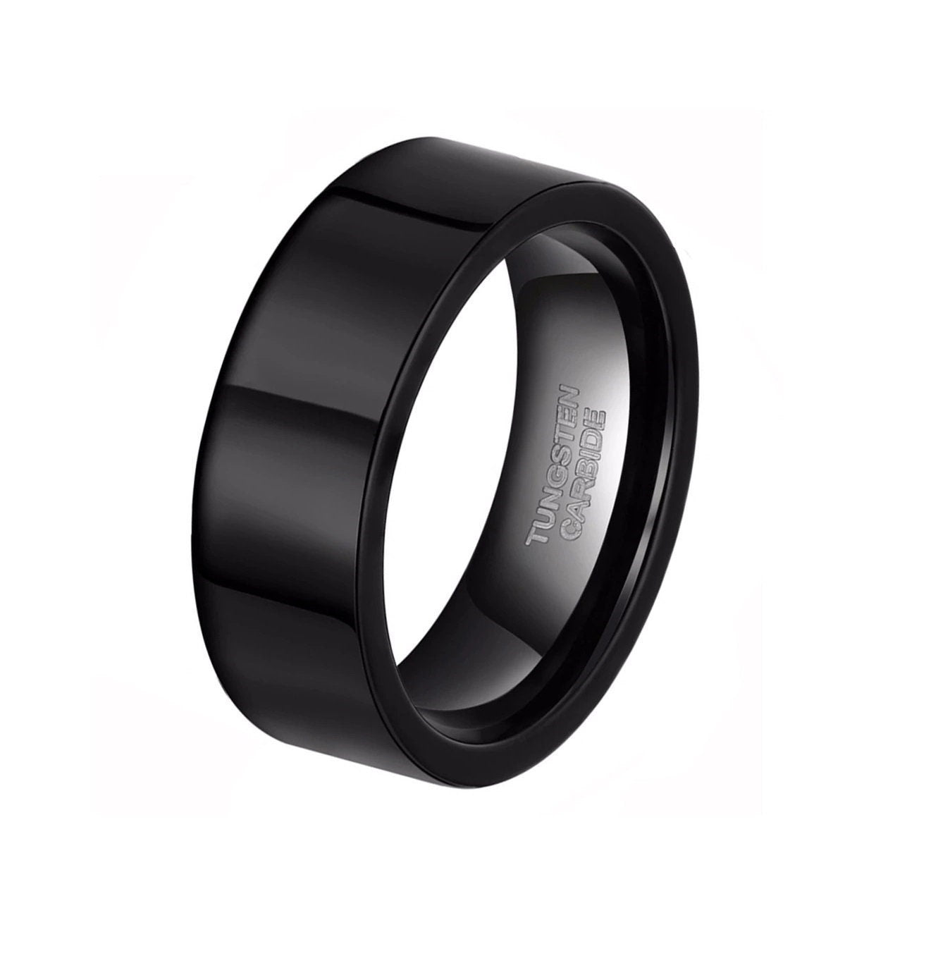 Black wedding bands for men with an 8mm polished black Tungsten flat band.