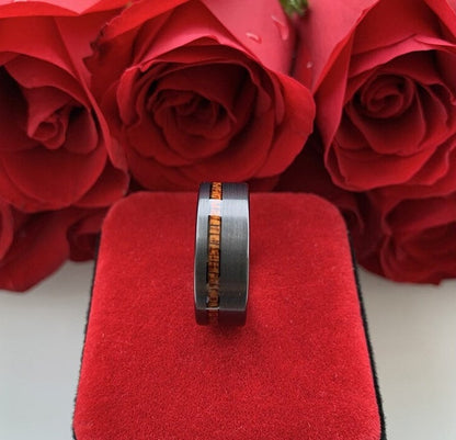 Black wooden band with Sapele wood inlay and comfort fit Tungsten band.