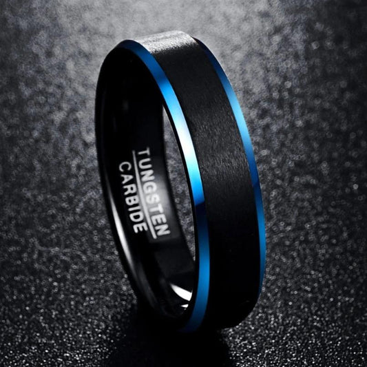 Blue and black mens wedding ring crafted in black Tungsten with blue beveled edges.