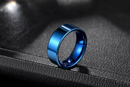 Blue mens ring crafted from vibrant blue Tungsten for a bold look.