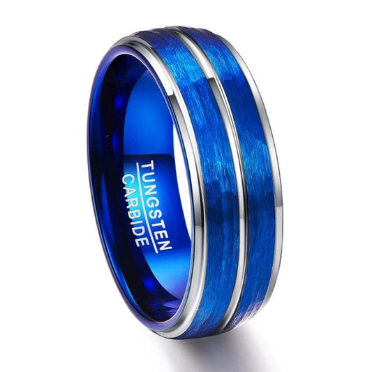 Blue mens wedding band in Tungsten with hammered blue exterior and silver stripe.