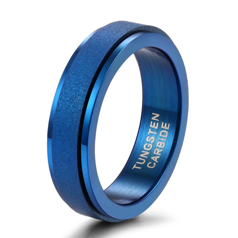 Blue ring mens style, made of blue Tungsten with a rotating sandblasted section.