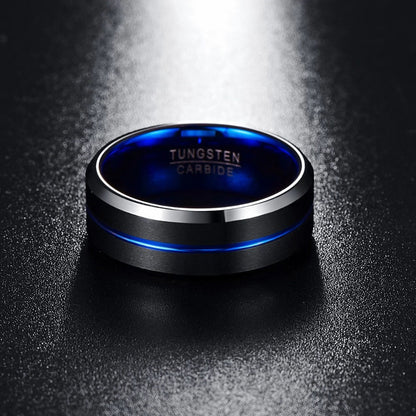 Blue rings featuring a black Tungsten exterior with a bold blue interior and stripe.