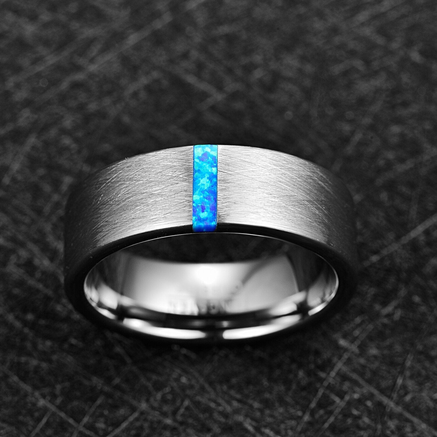 Blue stone ring for men crafted with a brushed finish and natural blue opal inlay.