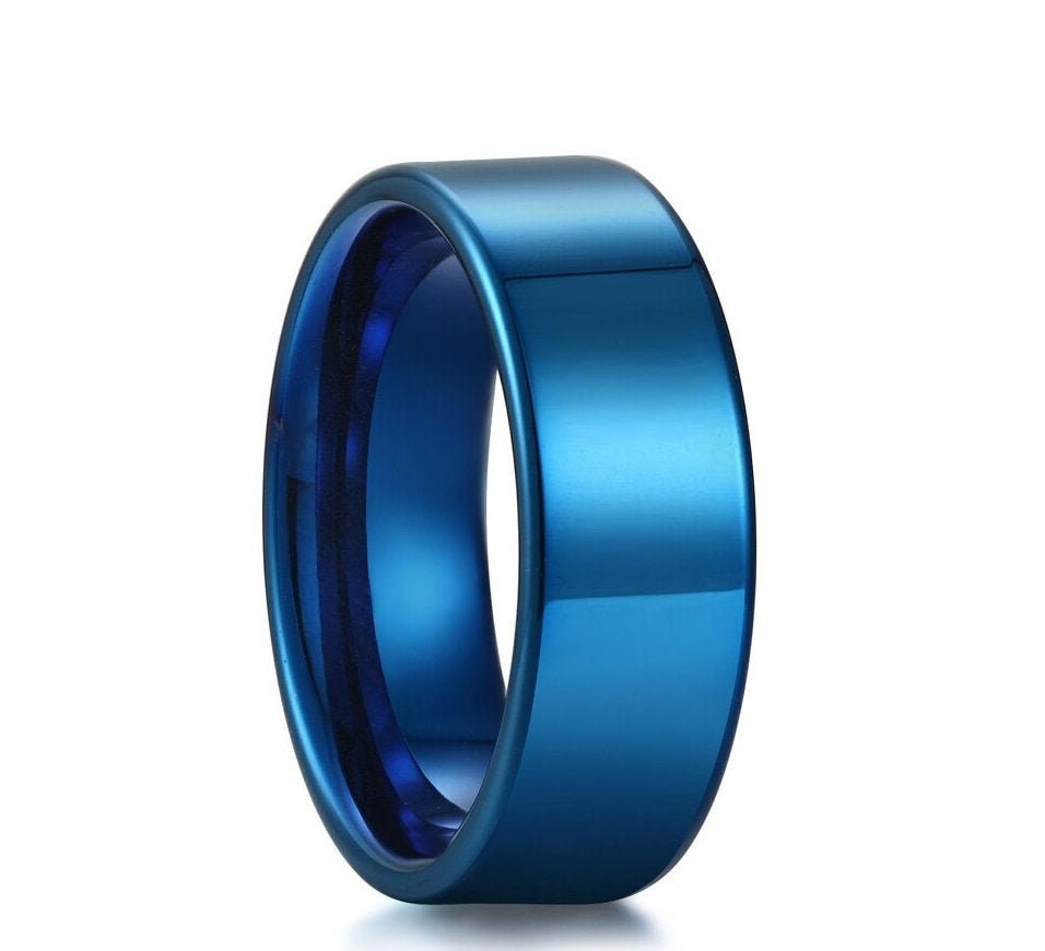 Blue wedding band for him with 8mm blue Tungsten and comfort fit interior.