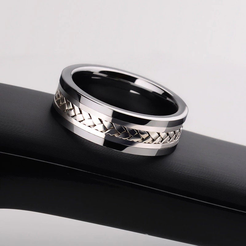 Braid rings men with white gold inlay in a Tungsten band, 7mm width.