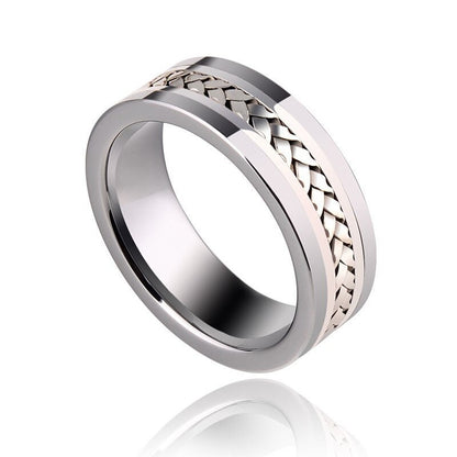 Braided mens wedding ring with white gold Tungsten inlay, 7mm width.