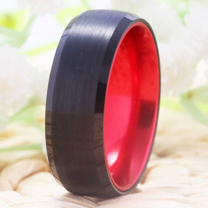 Brushed black red Tungsten ring with polished beveled edges, domed band, and comfort fit interior.