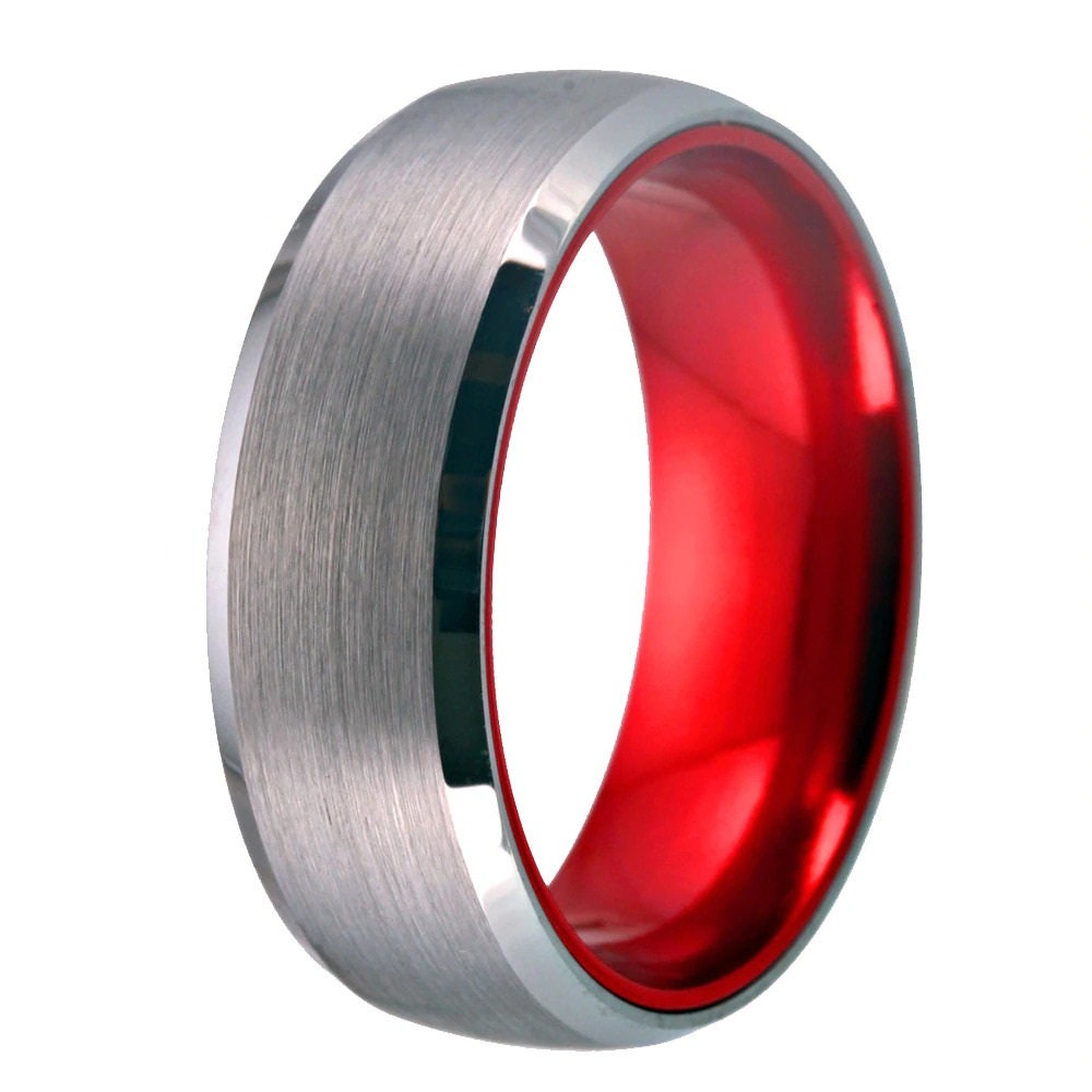 Brushed silver red Tungsten ring with polished beveled edges and a sleek comfort fit interior.