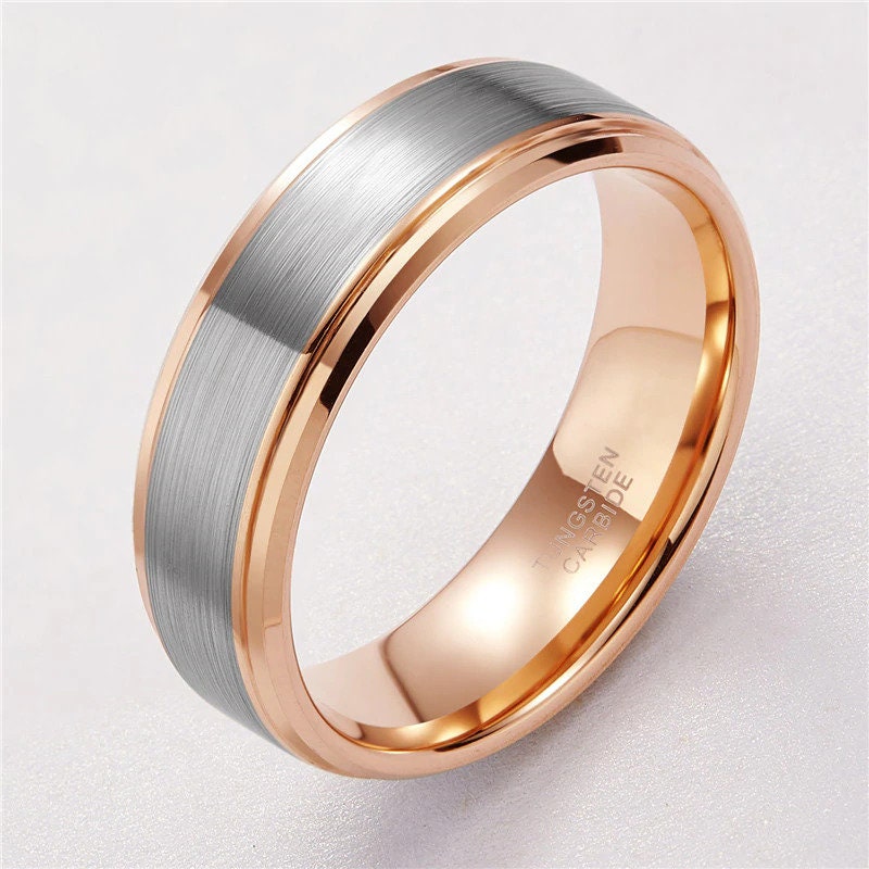 Brushed silver Tungsten ring with polished rose gold interior and comfort fit.