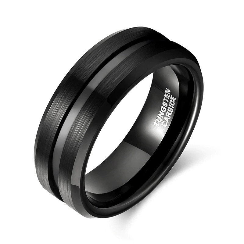 Brushed Tungsten ring with polished interior and beveled edges.