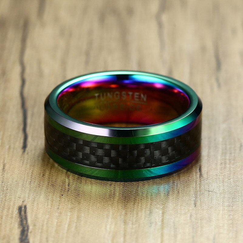 Carbon fiber ring men featuring a Tungsten band with black carbon fiber inlay.