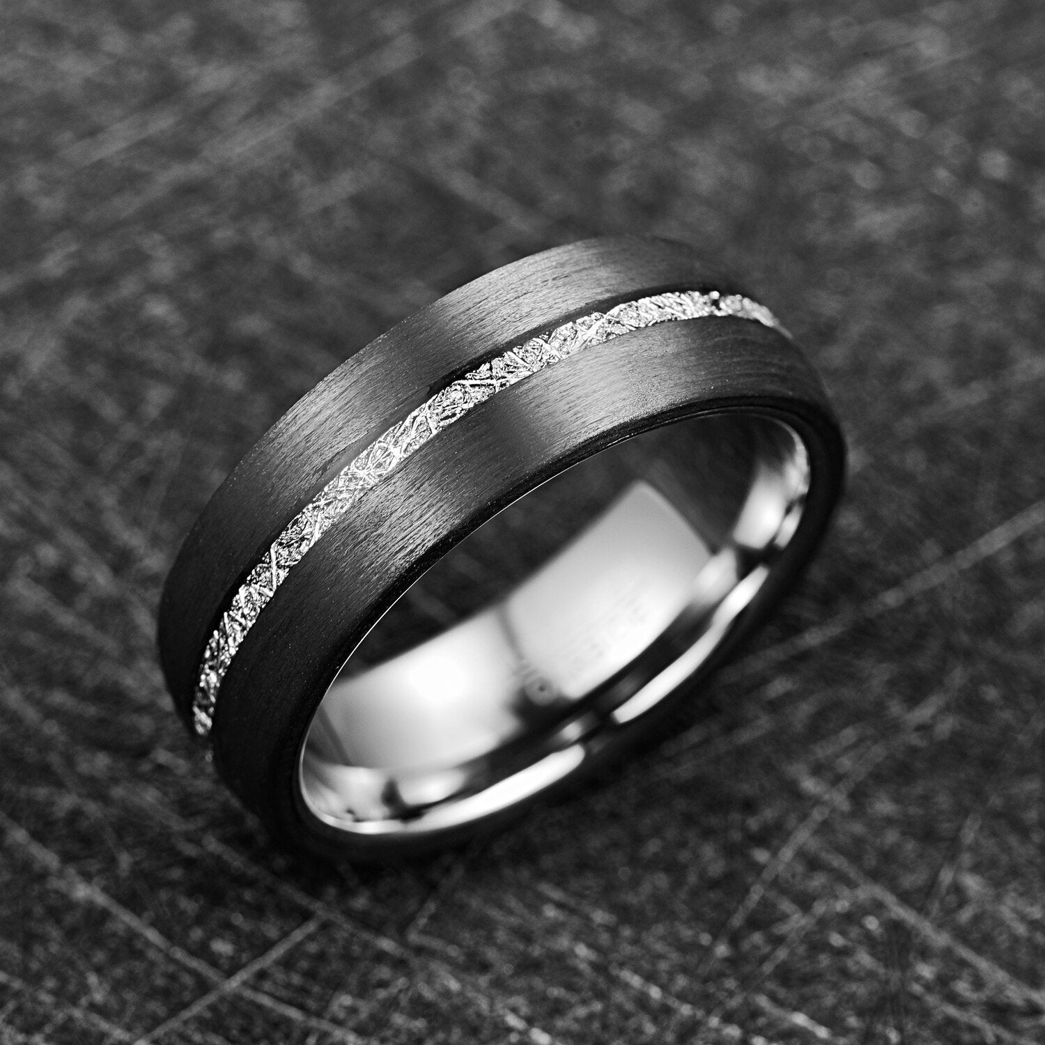 Carbon fiber ring mens band with Gibeon meteorite inlay, Tungsten interior.