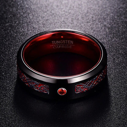 Celtic dragon ring in black Tungsten with red interior and cubic zirconia stone.