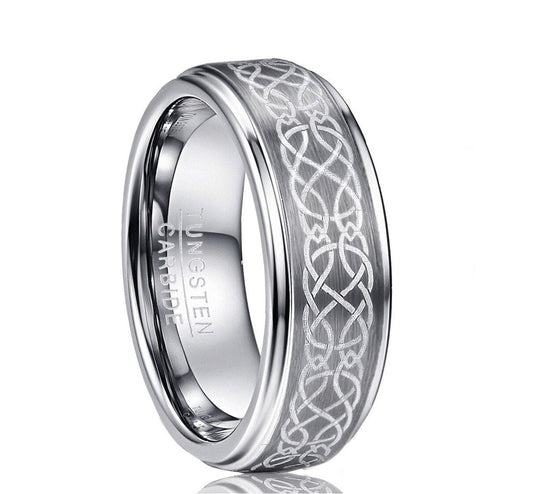 Celtic knot ring in silver Tungsten with an etched design, stepped edges, and comfort fit.