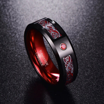 Celtic wedding bands with red cubic zirconia on black Tungsten, with red interior.