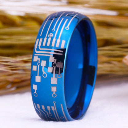 Computer geek gifts crafted as an 8mm blue Tungsten ring with detailed circuitry.