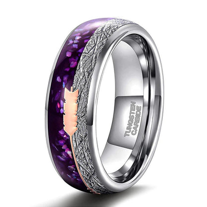 Crushed abalone shell inlay paired with Gibeon meteorite, set in polished silver Tungsten.