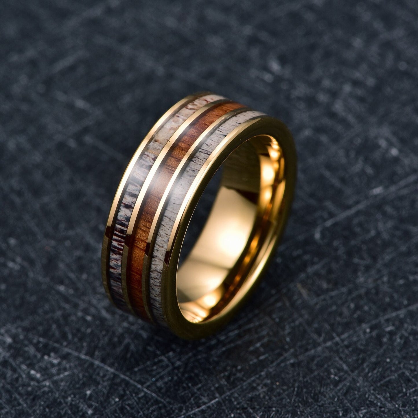 Deer antler engagement ring with koa wood inlay, 8mm gold Tungsten flat band, comfort fit.