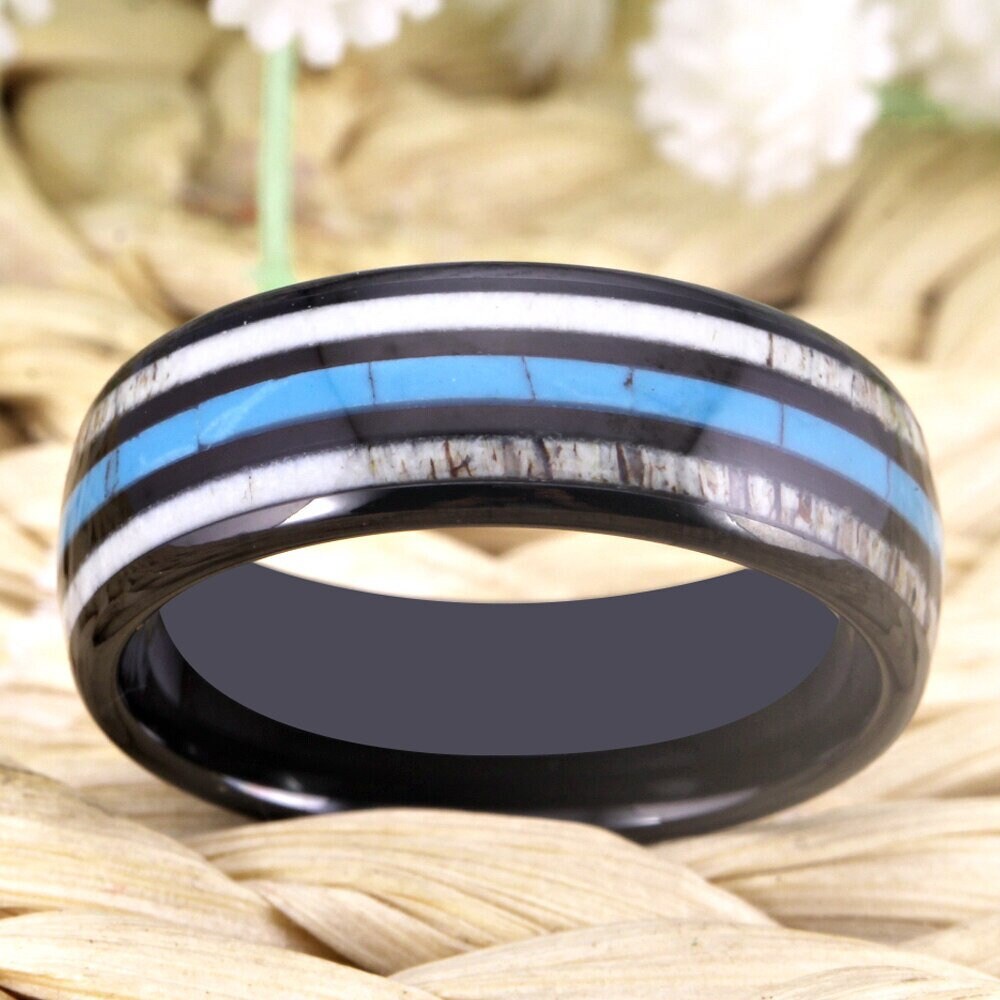 Deer antler wedding rings crafted with black Tungsten, Turquoise, and antler.