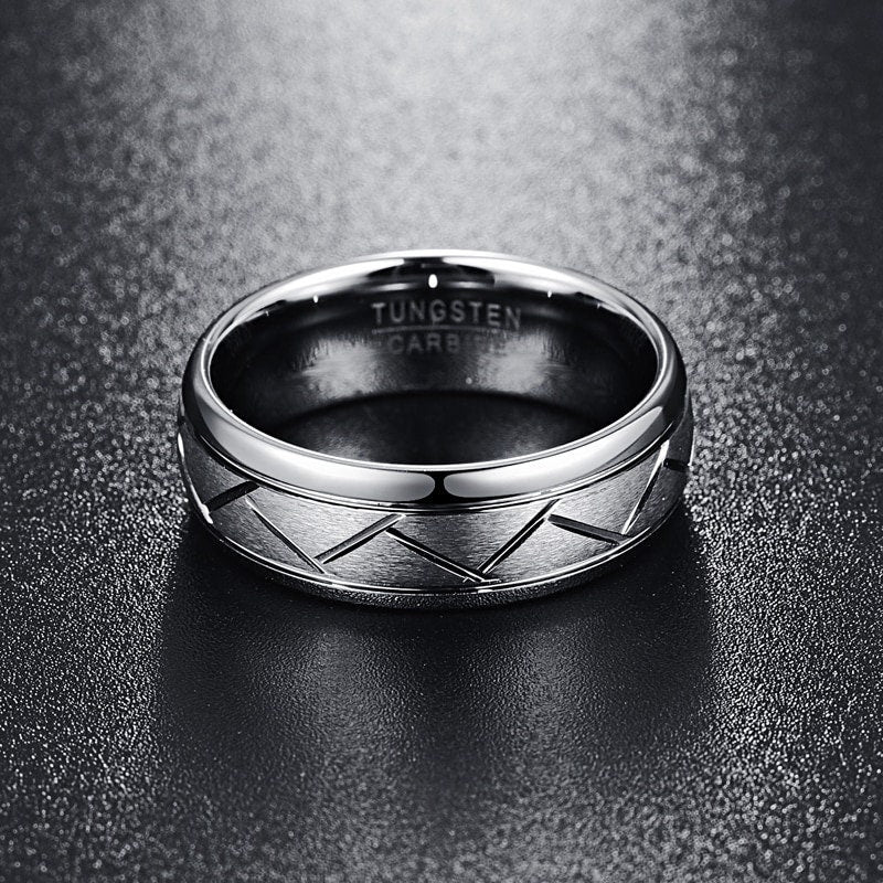 Diamond cut Tungsten ring with zig zag pattern, brushed and polished, 8mm.