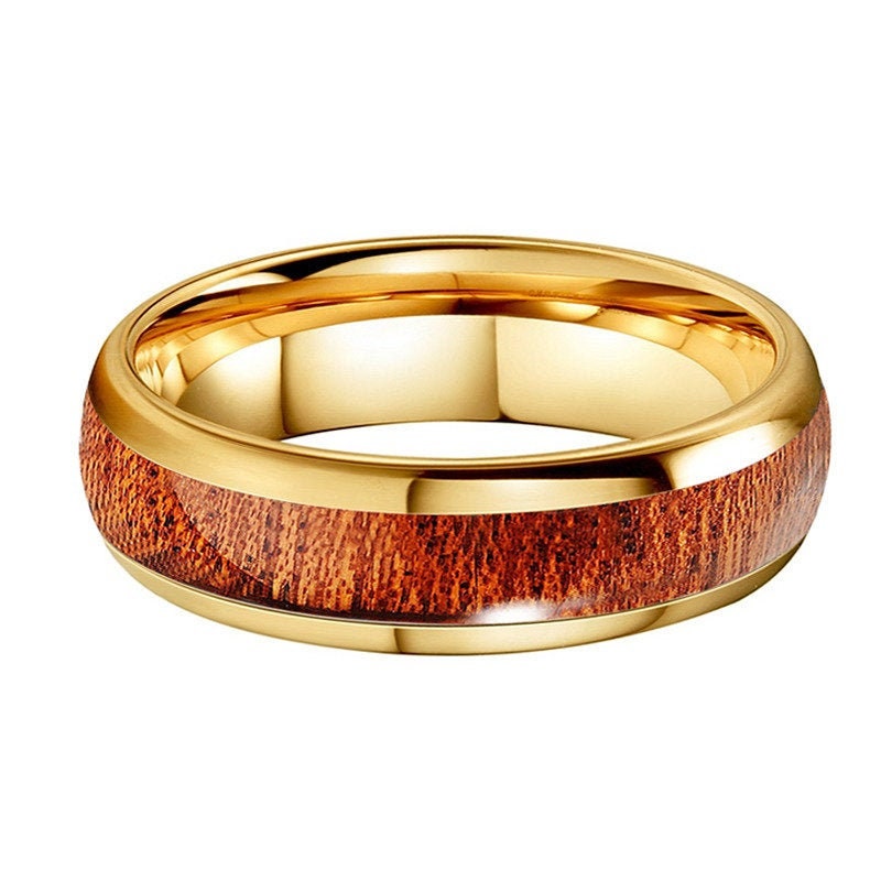 Domed 6mm gold Tungsten ring with a genuine Rosewood inlay, featuring a polished finish and waterproof resin coating.