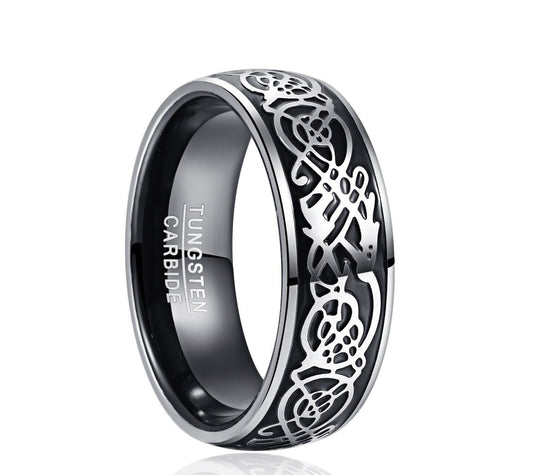 Dragon ring with a domed black Tungsten band, silver edges, and Celtic dragon design.