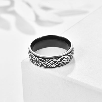 Dragon rings men featuring black Tungsten with a 3D Celtic dragon design.