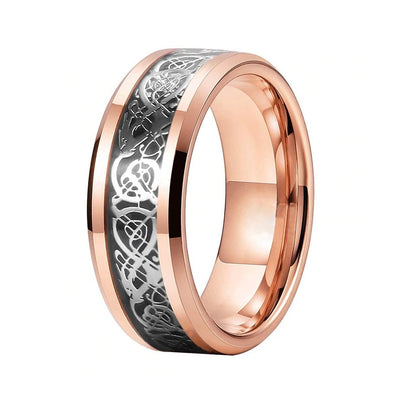 Dragon wedding ring with an 8mm rose gold Tungsten band.