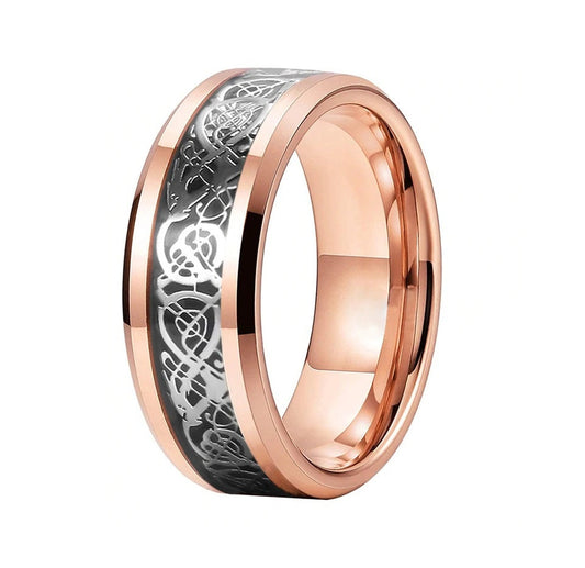 Dragon wedding ring with an 8mm rose gold Tungsten band.