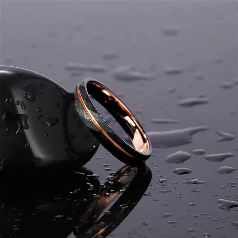 Faceted ring for men in black and rose gold Tungsten.