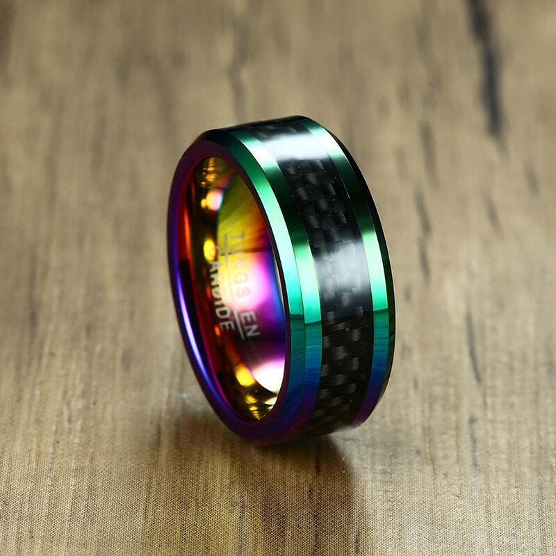 Forged carbon fiber ring crafted from rainbow Tungsten with beveled edges.