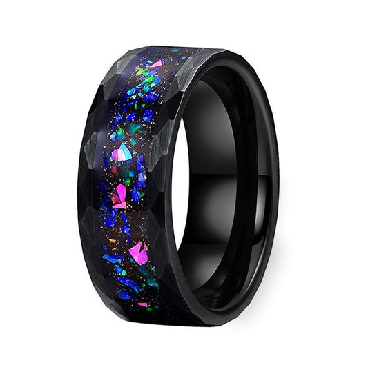 8mm ring containing galaxy opal with holographic flakes in black Tungsten.