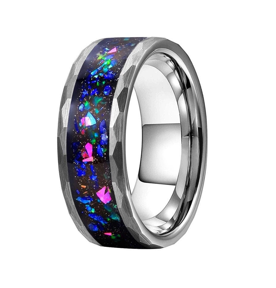 Galaxy ring with holographic flakes and moondust, set in hammered silver tungsten.