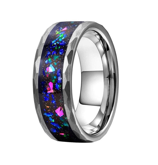 Galaxy ring with holographic flakes and moondust, set in hammered silver tungsten.