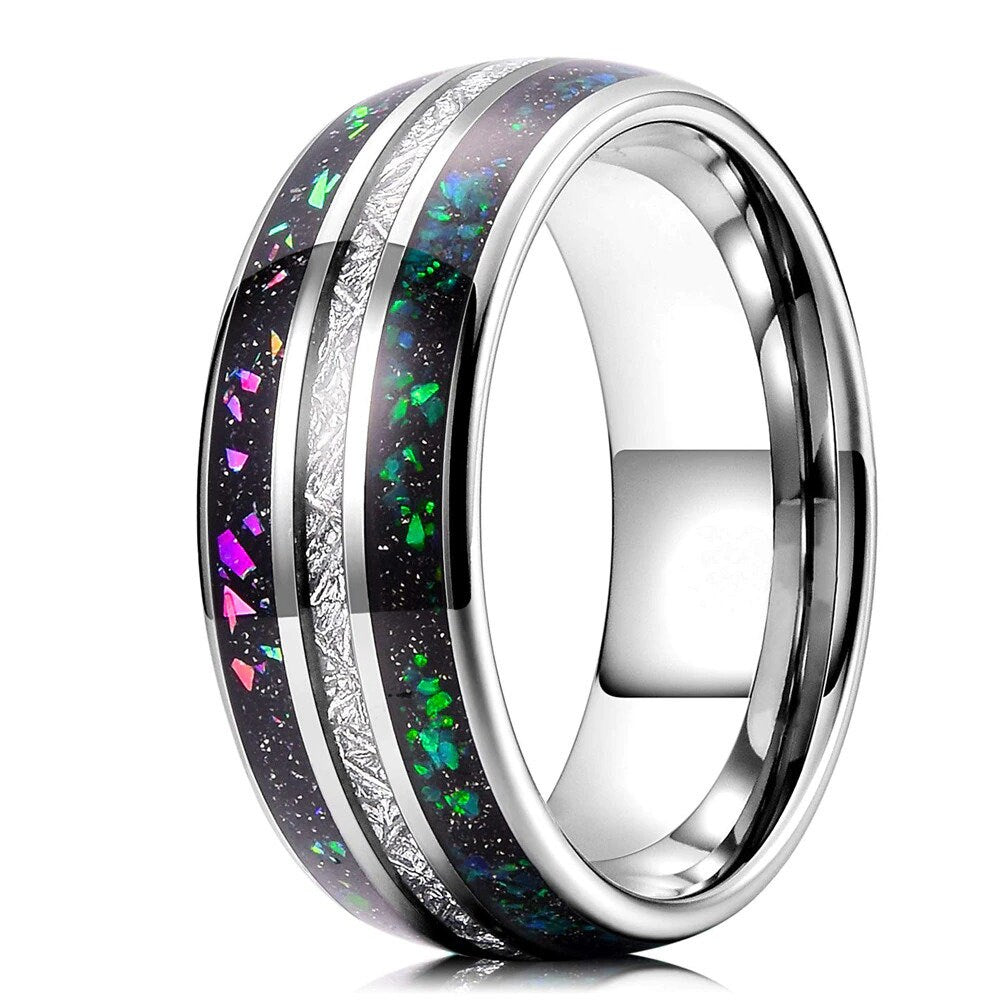 Galaxy ring with holographic flakes, natural opal, and authentic meteorite inlay.