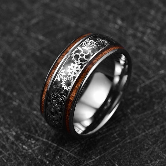 10mm gear ring with silver gears inlay over black carbon fiber, Tungsten band.