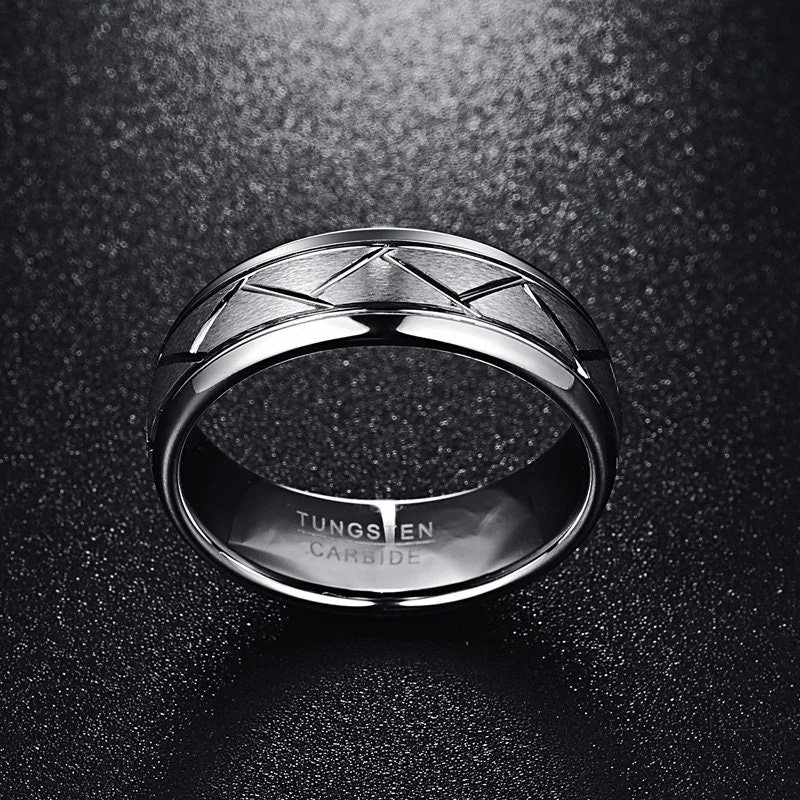 Geometric mens rings in silver Tungsten with diamond cut zig zag pattern, 8mm.