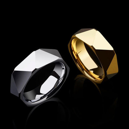 Geometric engagement rings in gold and silver Tungsten on a black background.