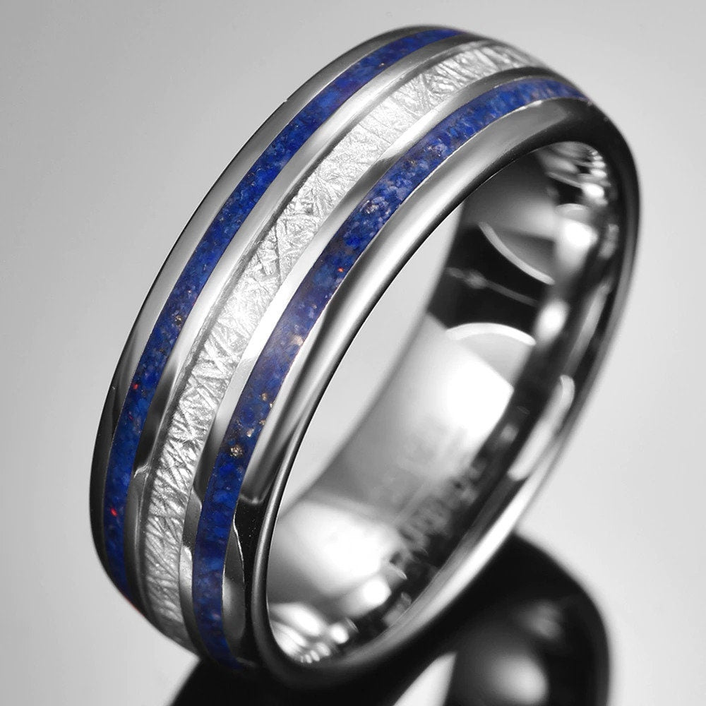 Gibeon meteorite ring with silver Tungsten band and Lapis Lazuli inlay.