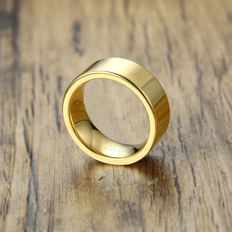 Gold Tungsten flat band for men with a minimalist design and smooth, polished interior.