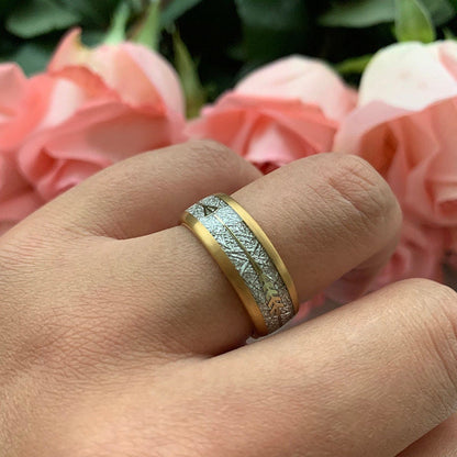 Gold Tungsten men's ring with a Gibeon meteorite inlay and arrow design, shown on hand with pink roses in the background.