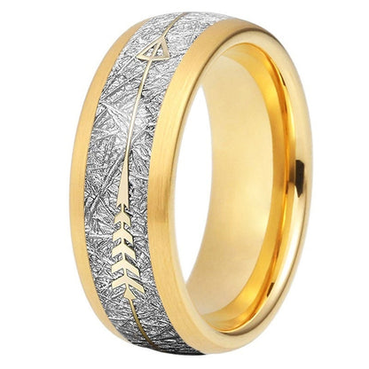 Gold Tungsten men's ring featuring a Gibeon meteorite inlay and a gold arrow design, with a domed band.