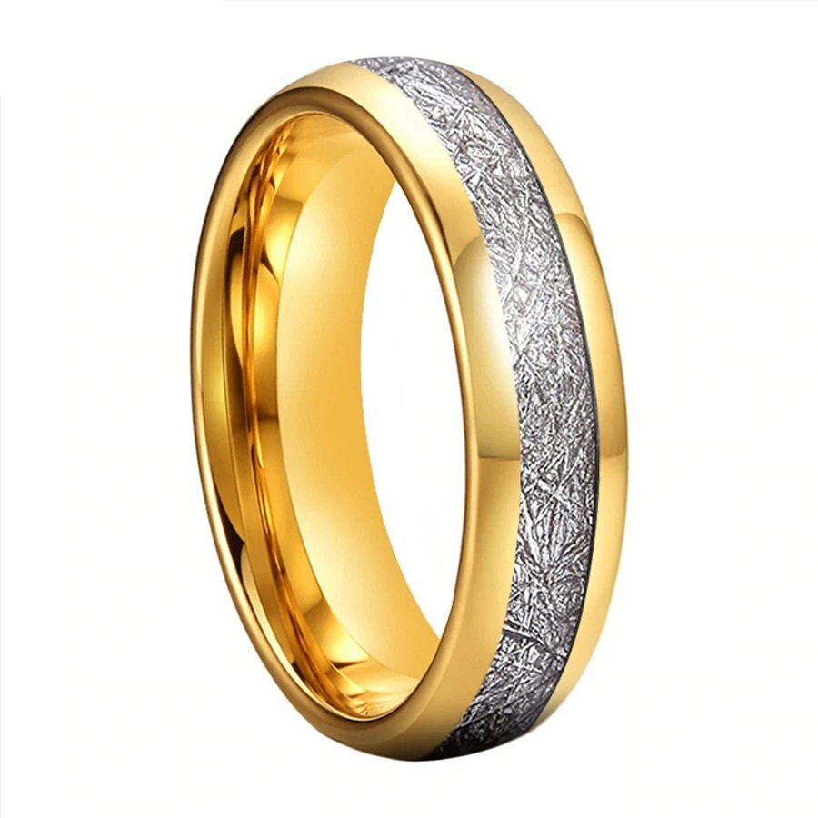 Gold and meteorite ring with Gibeon inlay close up, domed Tungsten band, comfort fit.