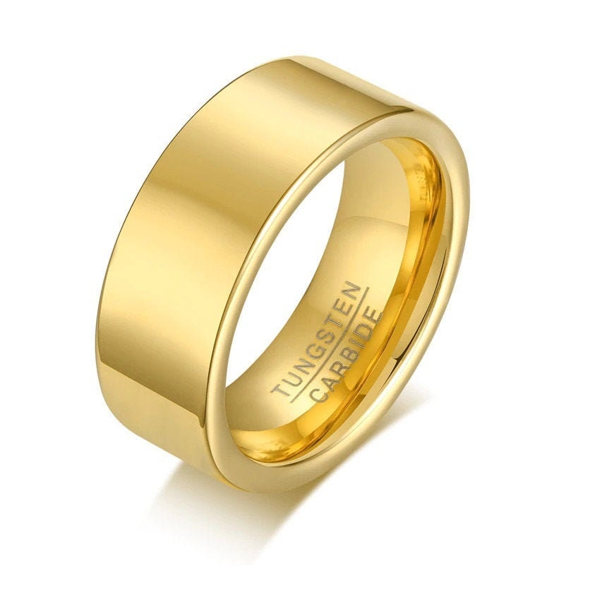 Gold flat mens ring with an 8mm Tungsten band and comfort fit interior for lasting comfort.