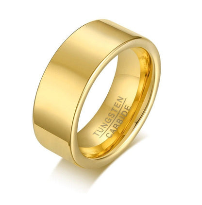 Gold flat mens ring with an 8mm Tungsten band and comfort fit interior for lasting comfort.